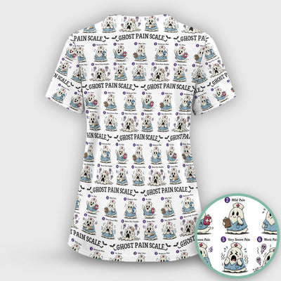Funny Ghost Pain Scale Pattern Scrub Top, Comfortable Scrubs for Nurses