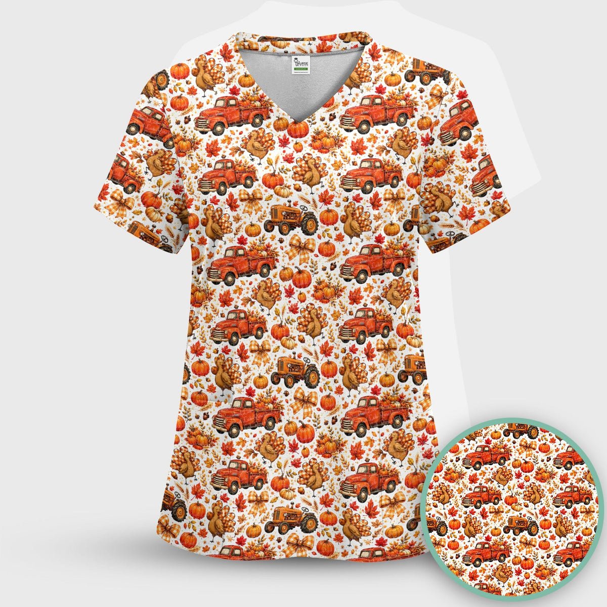Thanksgiving Turkey And Vintage Truck Scrub Top, Comfortable Scrubs for Nurses