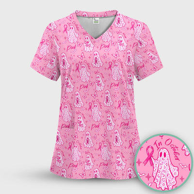 Spooky Pink Ribbon Ghost Scrub Top, Comfortable Scrubs for Nurses