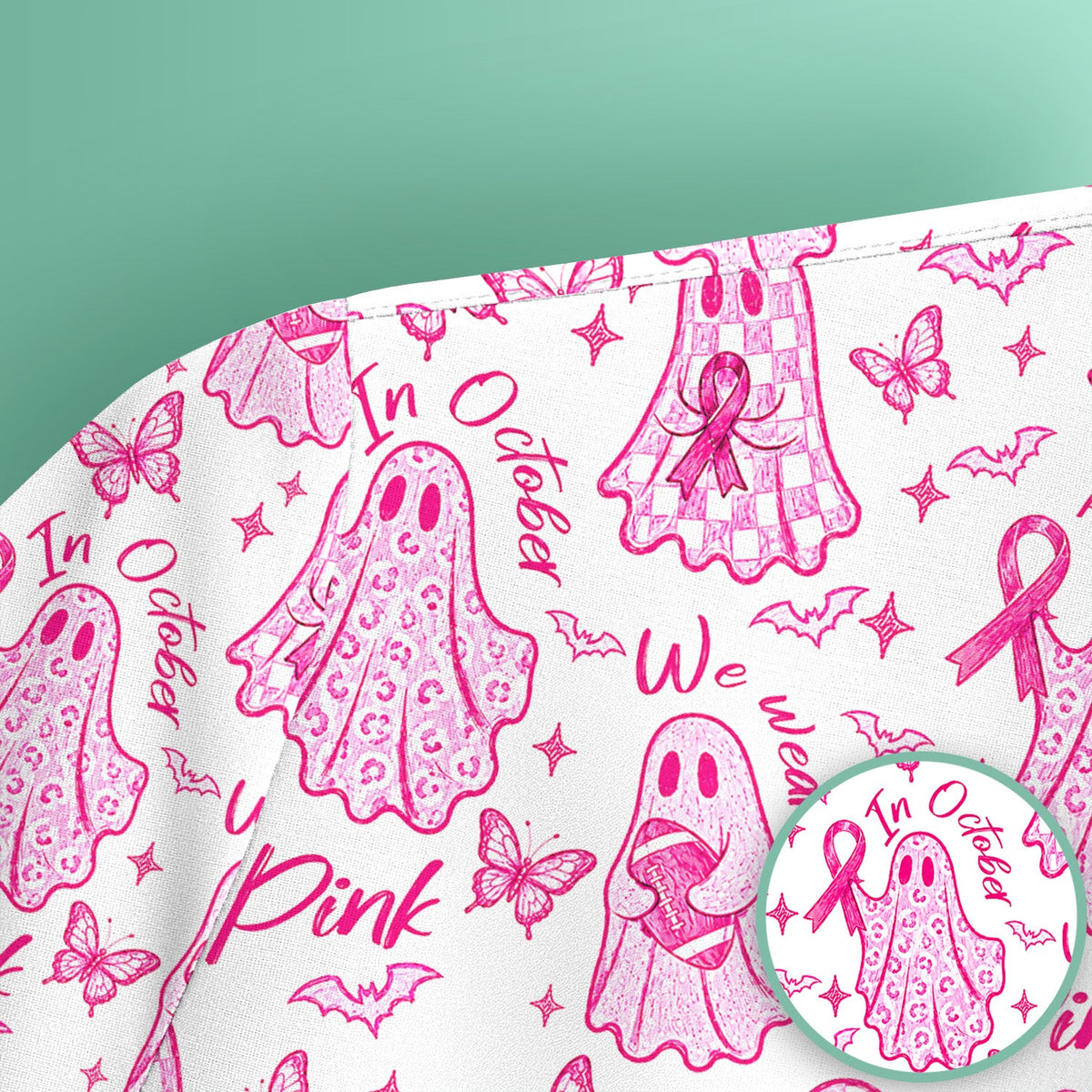 Spooky Pink Ribbon Ghost Scrub Top, Comfortable Scrubs for Nurses