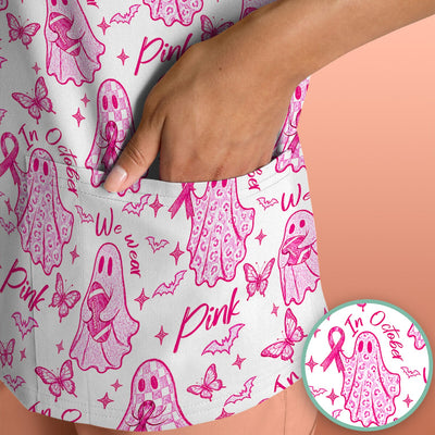 Spooky Pink Ribbon Ghost Scrub Top, Comfortable Scrubs for Nurses