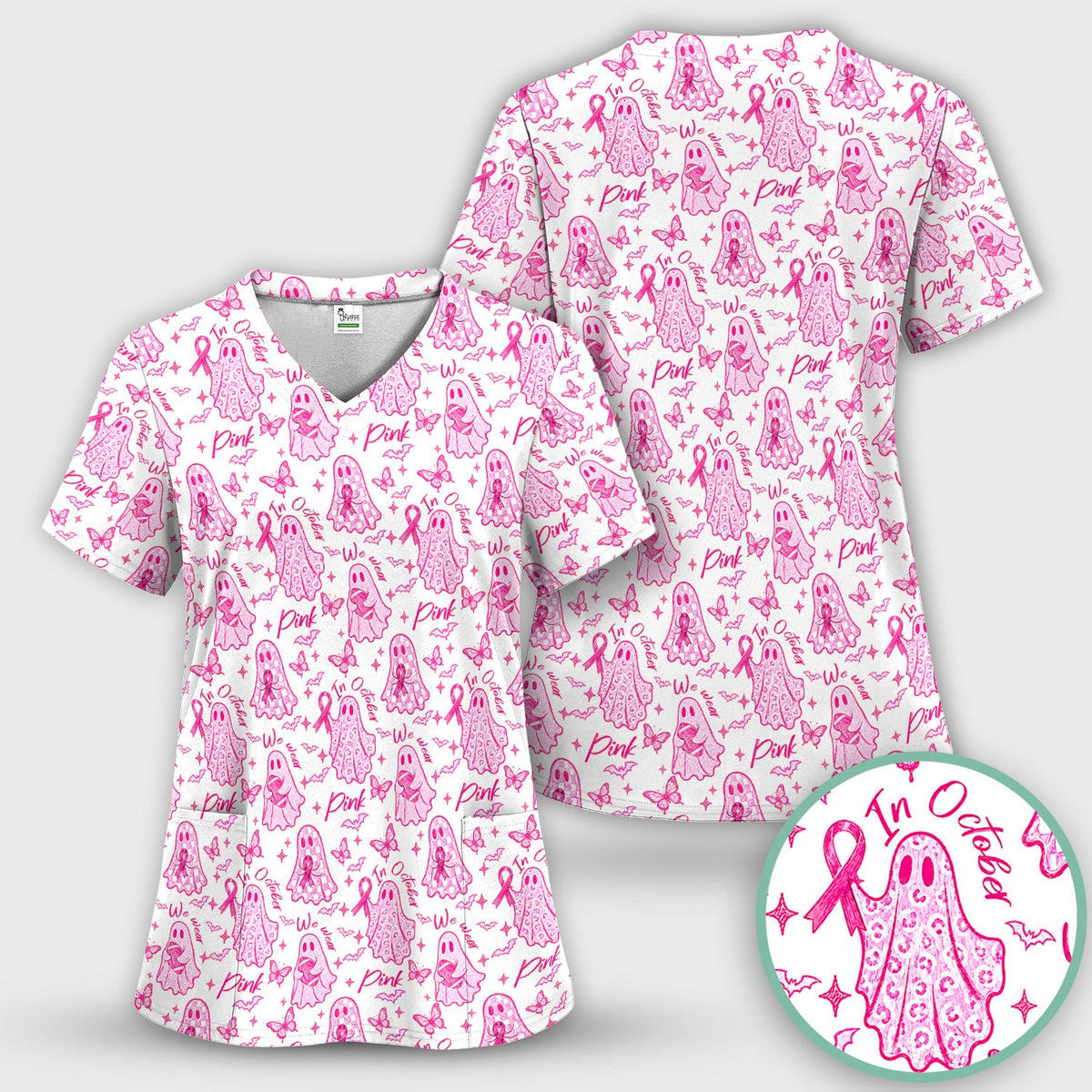 Spooky Pink Ribbon Ghost Scrub Top, Comfortable Scrubs for Nurses