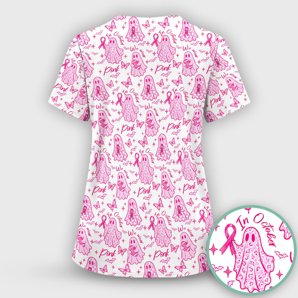 Spooky Pink Ribbon Ghost Scrub Top, Comfortable Scrubs for Nurses