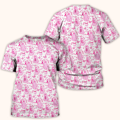 Spooky Pink Ribbon Ghost Scrub Top, Comfortable Scrubs for Nurses