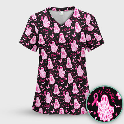 Spooky Pink Ribbon Ghost Scrub Top, Comfortable Scrubs for Nurses