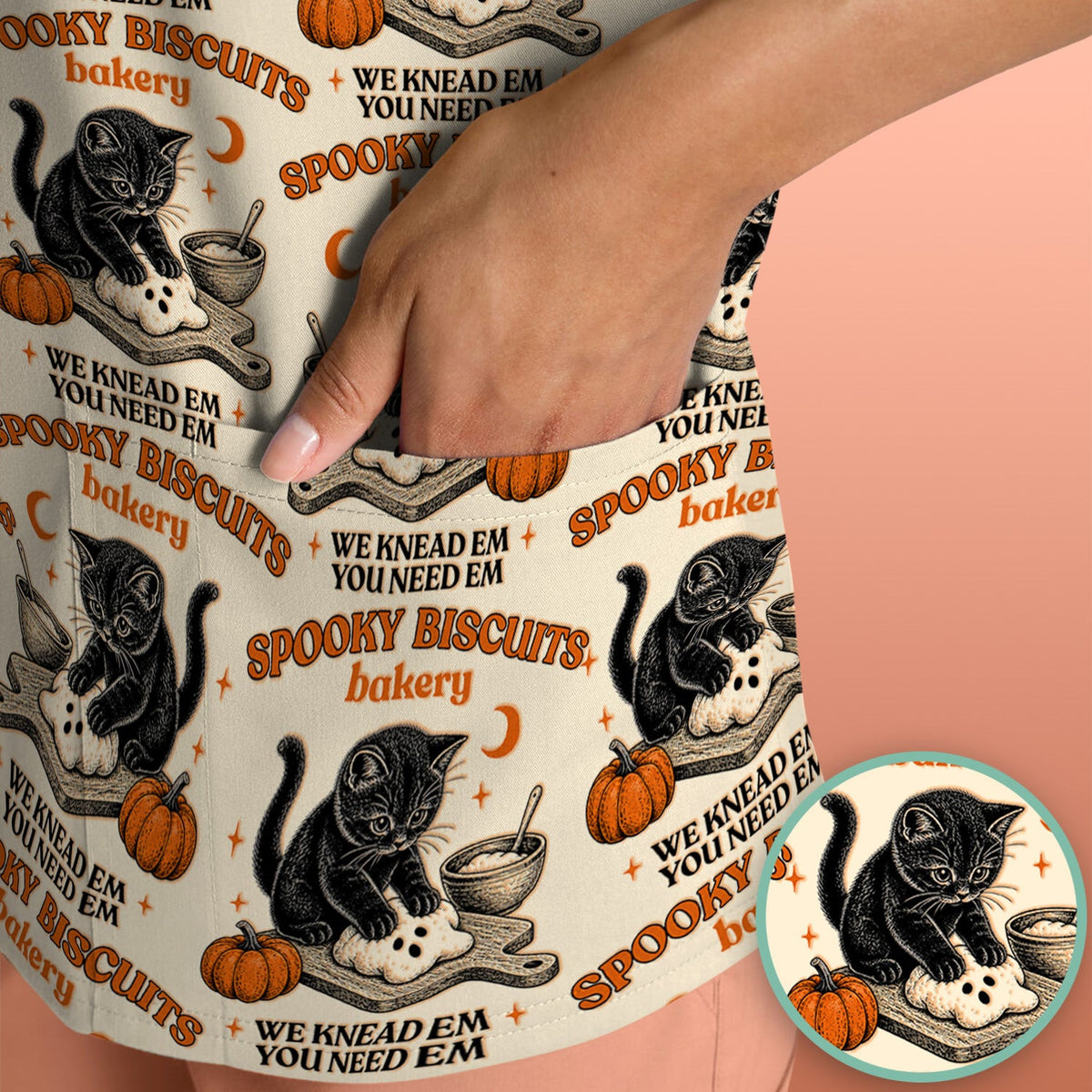 Funny Halloween Black Cat Scrub Top, Comfortable Scrubs for Nurses