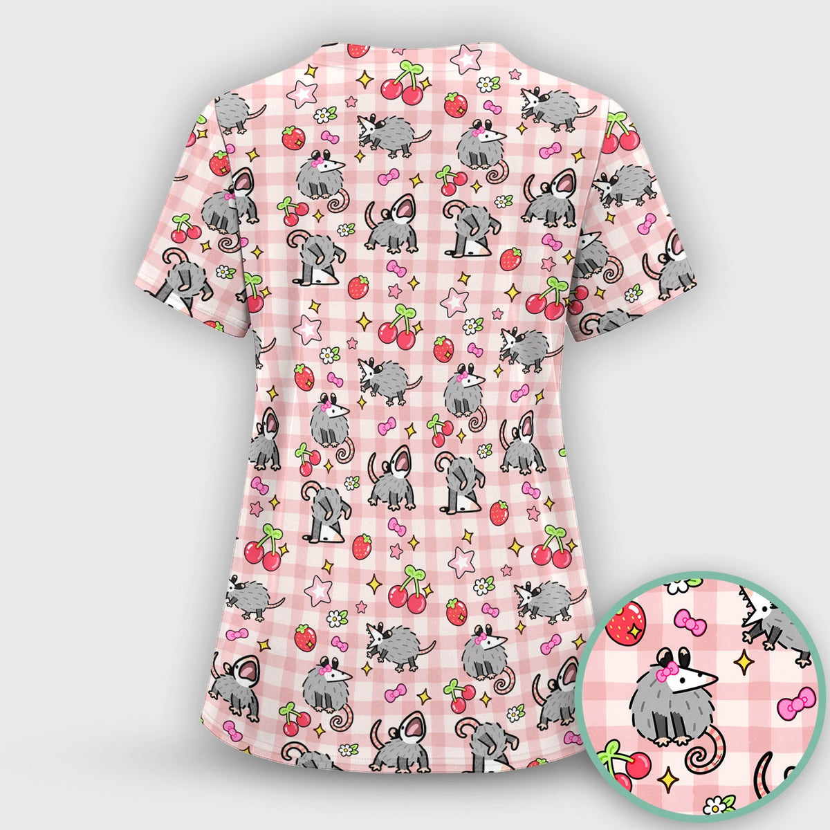 Cute Opossum And Cherries Gingham Pattern Scrub Top, Comfortable Scrubs for Nurses