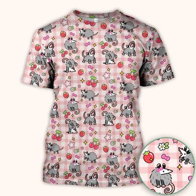 Cute Opossum And Cherries Gingham Pattern Scrub Top, Comfortable Scrubs for Nurses