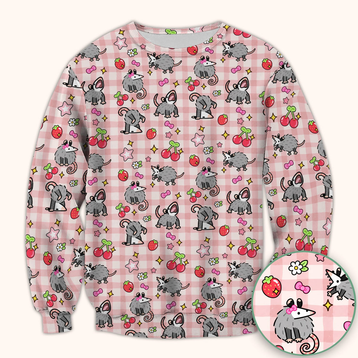 Cute Opossum And Cherries Gingham Pattern Scrub Top, Comfortable Scrubs for Nurses