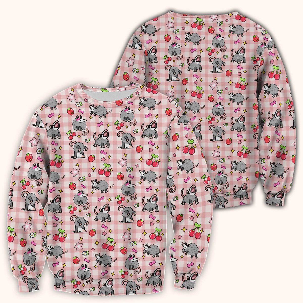 Cute Opossum And Cherries Gingham Pattern Scrub Top, Comfortable Scrubs for Nurses