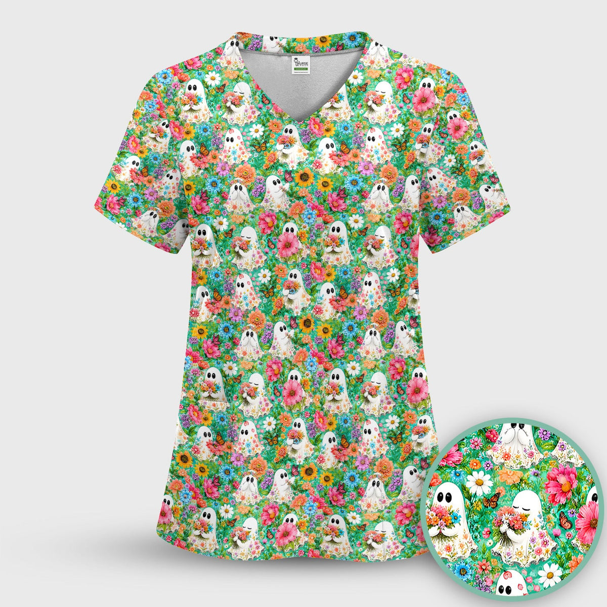 Cute Halloween Floral Ghosts Scrub Top, Comfortable Scrubs for Nurses
