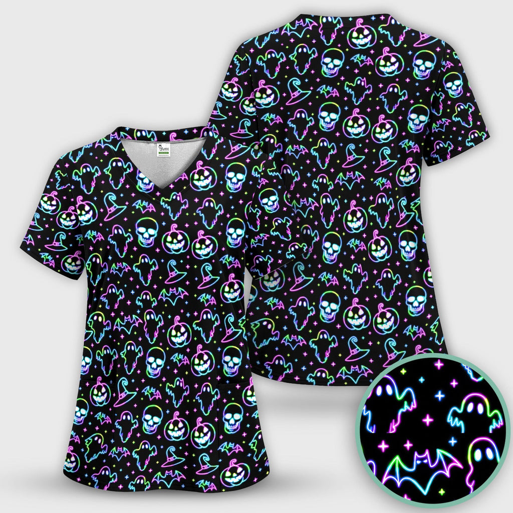 Pumpkin Skull Spooky Print Scrub Top, Comfortable Scrubs for Nurses