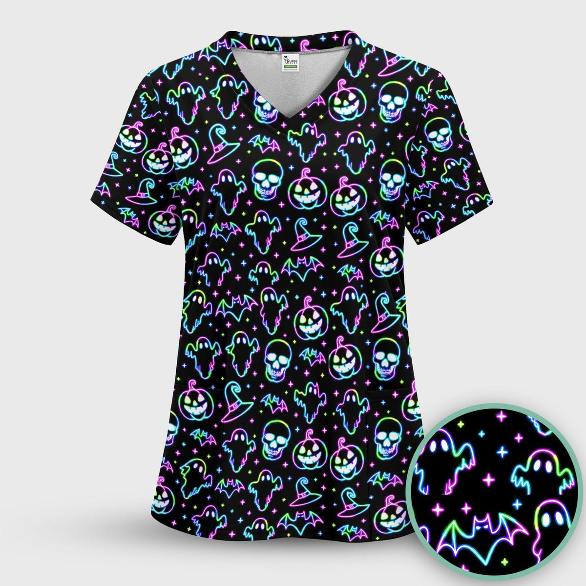 Pumpkin Skull Spooky Print Scrub Top, Comfortable Scrubs for Nurses
