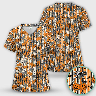 Halloween Bow Stripe Print Scrub Top, Comfortable Scrubs for Nurses