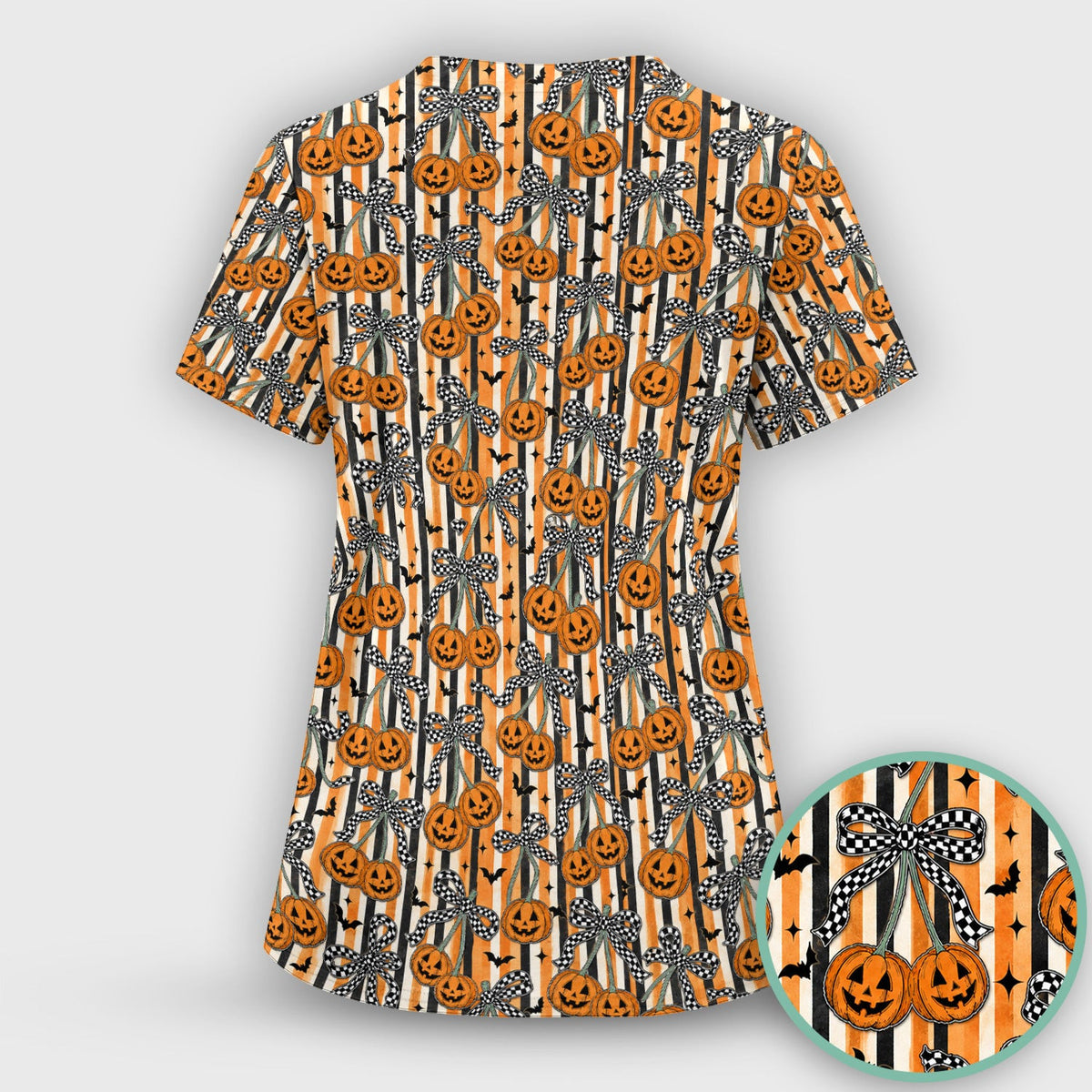 Halloween Bow Stripe Print Scrub Top, Comfortable Scrubs for Nurses