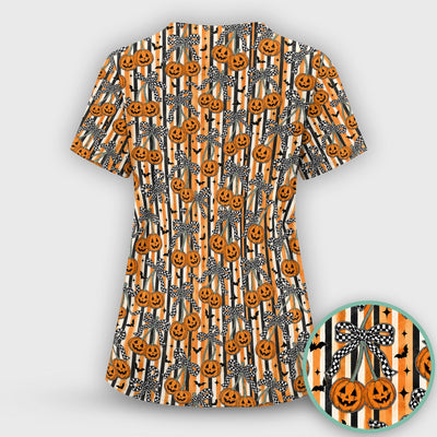 Halloween Bow Stripe Print Scrub Top, Comfortable Scrubs for Nurses