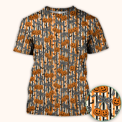Halloween Bow Stripe Print Scrub Top, Comfortable Scrubs for Nurses