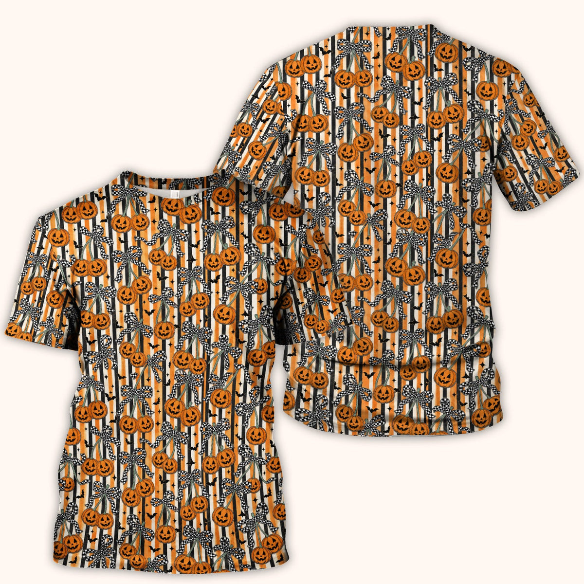 Halloween Bow Stripe Print Scrub Top, Comfortable Scrubs for Nurses