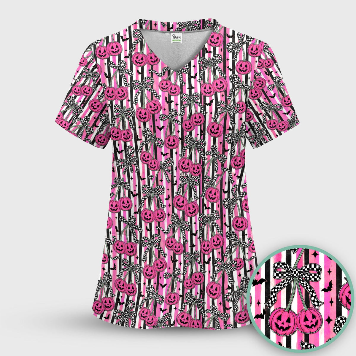 Halloween Bow Stripe Print Scrub Top, Comfortable Scrubs for Nurses