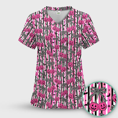 Halloween Bow Stripe Print Scrub Top, Comfortable Scrubs for Nurses
