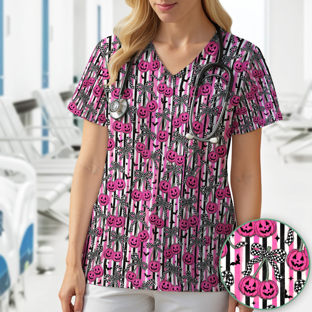 Halloween Bow Stripe Print Scrub Top, Comfortable Scrubs for Nurses