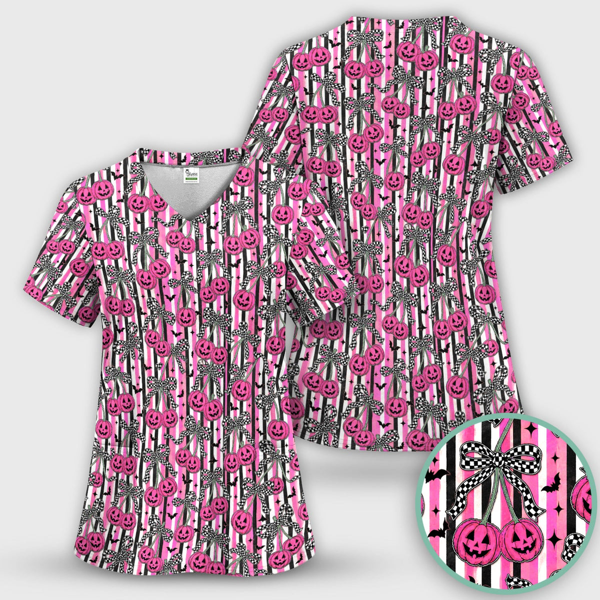 Halloween Bow Stripe Print Scrub Top, Comfortable Scrubs for Nurses