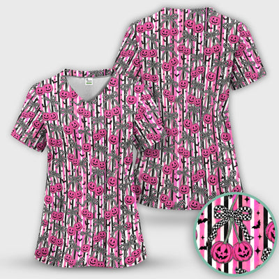 Halloween Bow Stripe Print Scrub Top, Comfortable Scrubs for Nurses