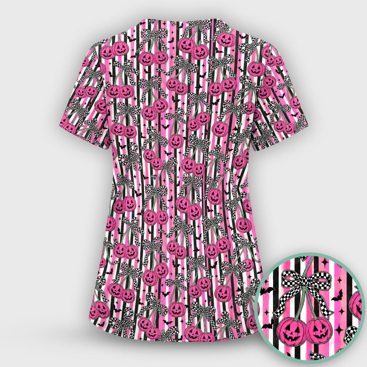 Halloween Bow Stripe Print Scrub Top, Comfortable Scrubs for Nurses