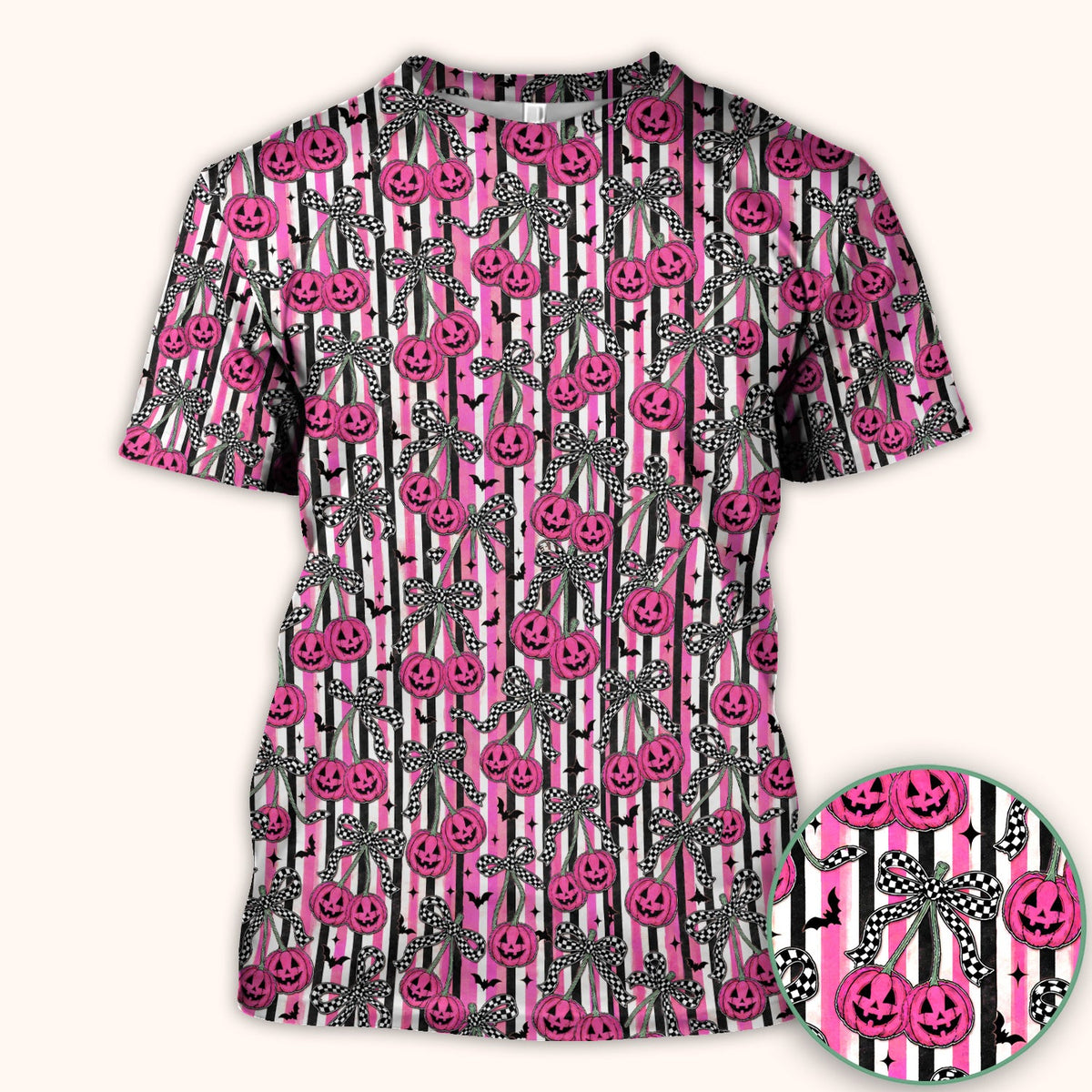 Halloween Bow Stripe Print Scrub Top, Comfortable Scrubs for Nurses