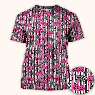 Halloween Bow Stripe Print Scrub Top, Comfortable Scrubs for Nurses