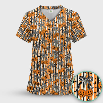 Halloween Bow Stripe Print Scrub Top, Comfortable Scrubs for Nurses