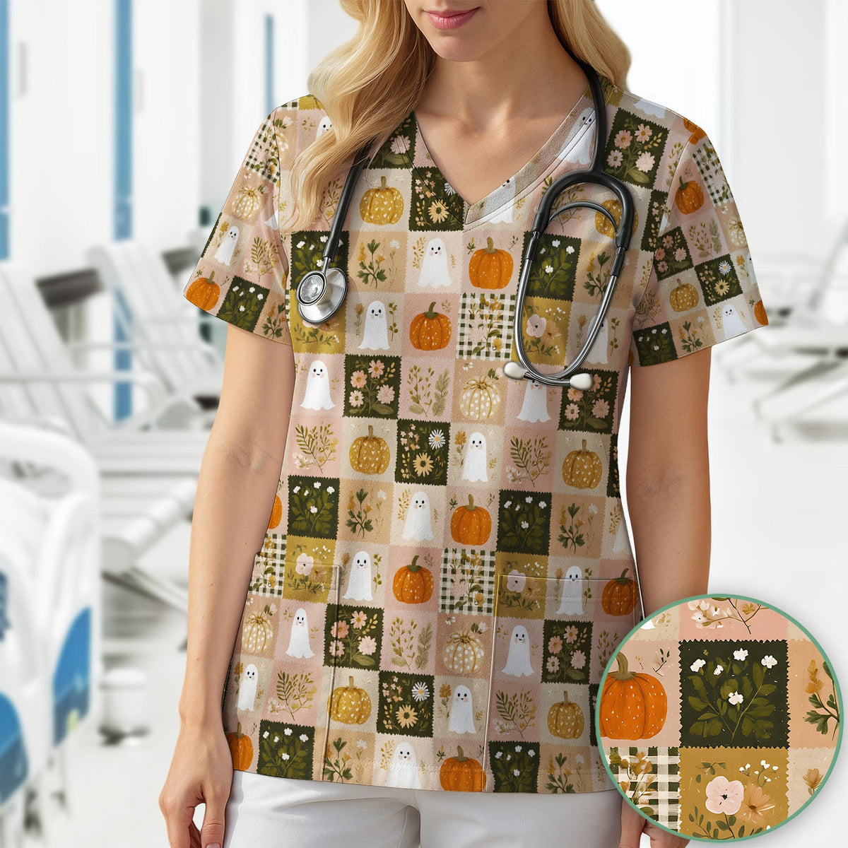 Cute Halloween Ghost Pumpkin Patchwork Scrub Top, Comfortable Scrubs for Nurses