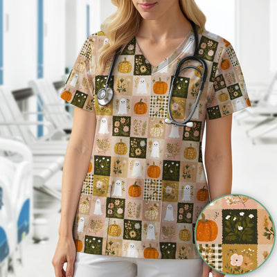 Cute Halloween Ghost Pumpkin Patchwork Scrub Top, Comfortable Scrubs for Nurses