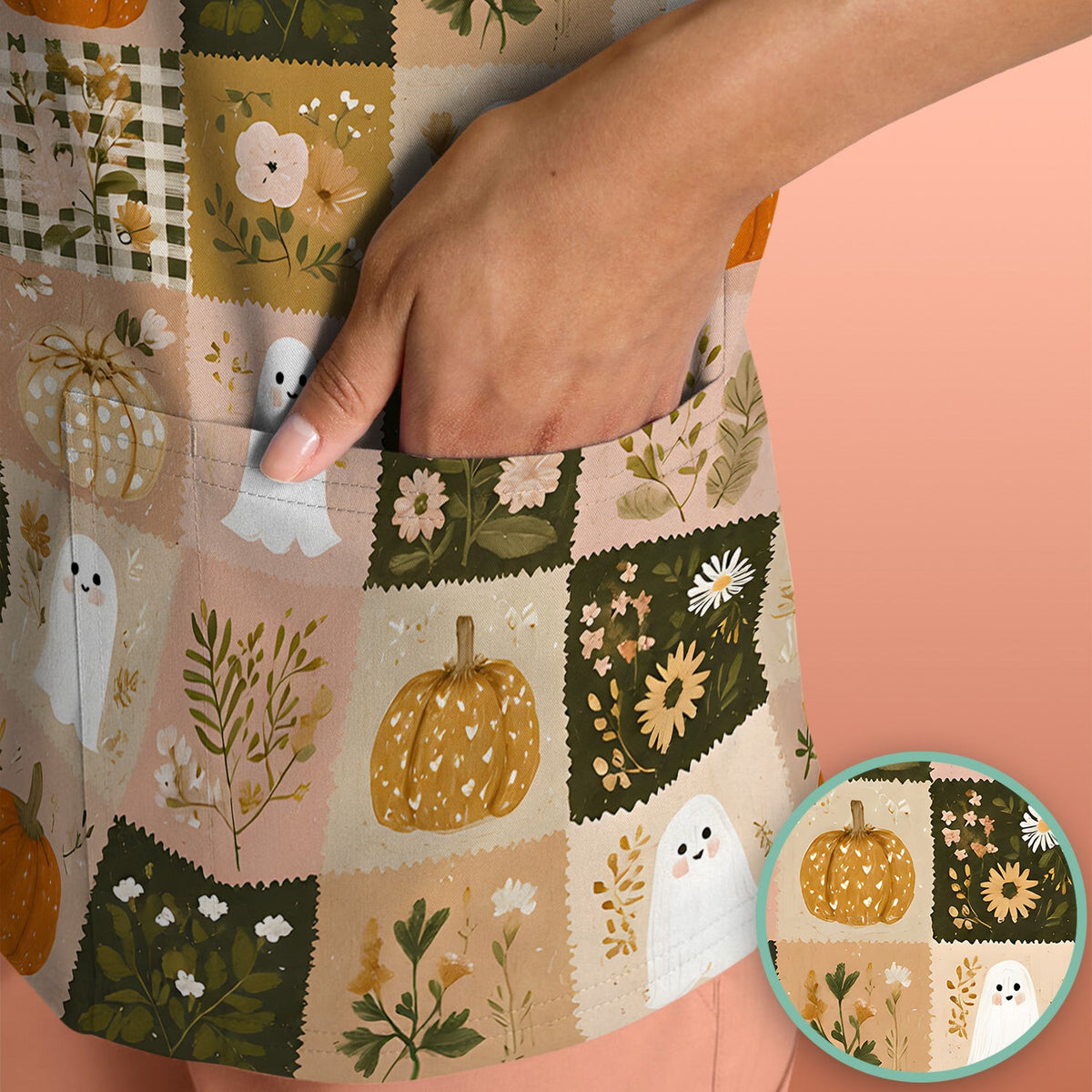 Cute Halloween Ghost Pumpkin Patchwork Scrub Top, Comfortable Scrubs for Nurses