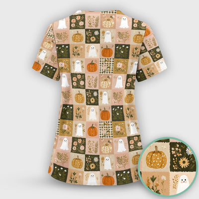 Cute Halloween Ghost Pumpkin Patchwork Scrub Top, Comfortable Scrubs for Nurses