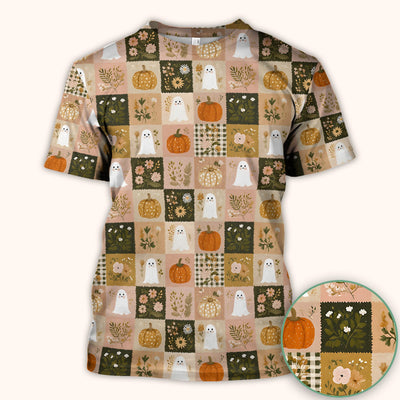 Cute Halloween Ghost Pumpkin Patchwork Scrub Top, Comfortable Scrubs for Nurses