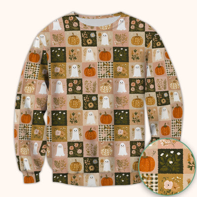Cute Halloween Ghost Pumpkin Patchwork Scrub Top, Comfortable Scrubs for Nurses