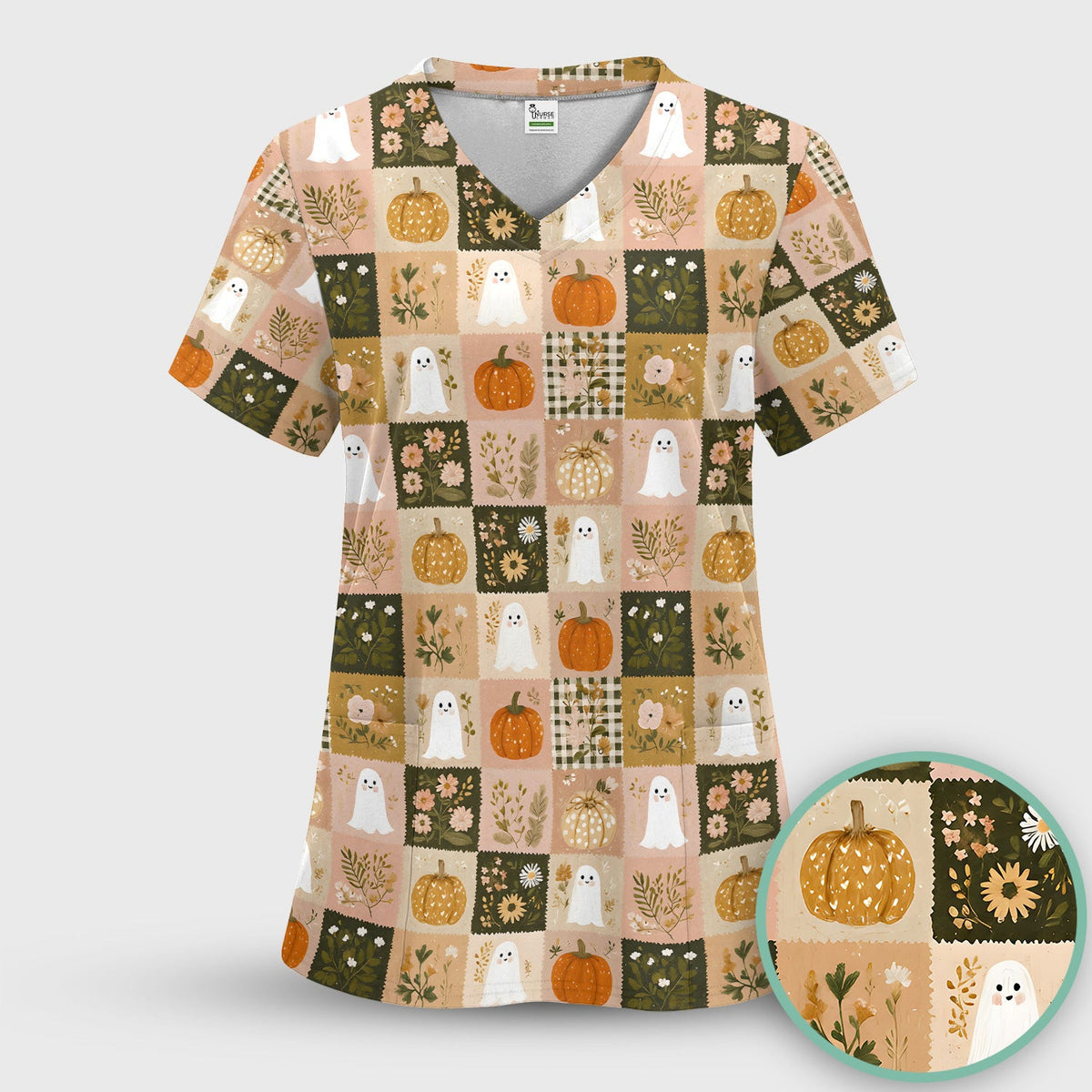 Cute Halloween Ghost Pumpkin Patchwork Scrub Top, Comfortable Scrubs for Nurses