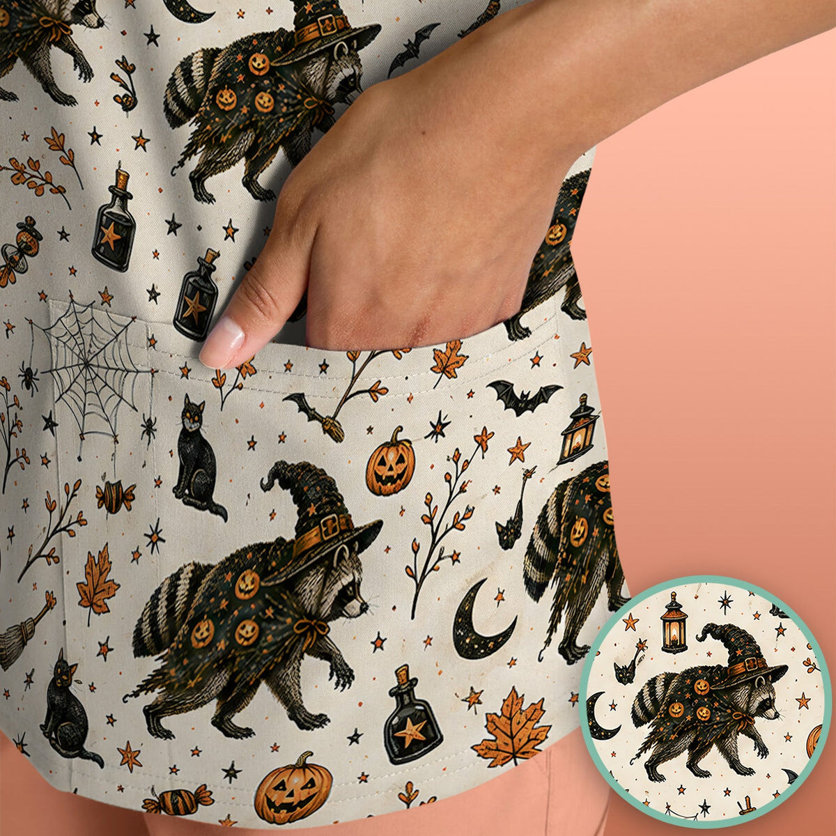 Spooky Halloween Witch Raccoon Scrub Top, Comfortable Scrubs for Nurses