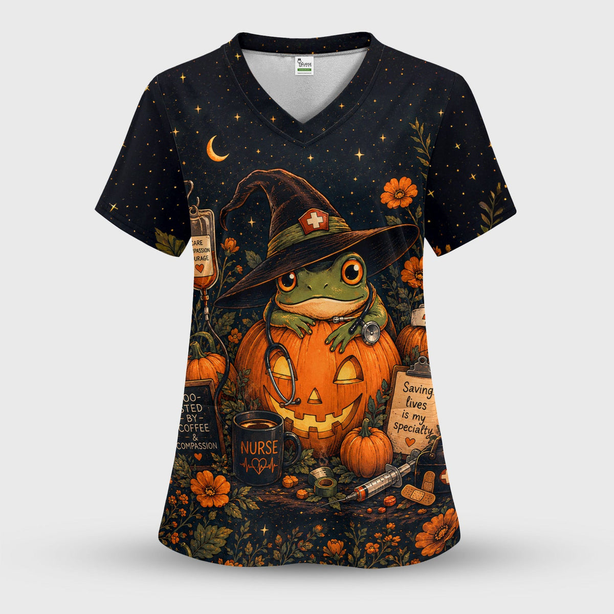 Halloween Witch Frog Pumpkin Scrub Top, Comfortable Scrubs for Nurses