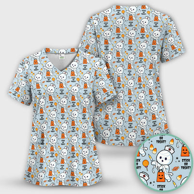 Funny Halloween Stick Or Treat Mummy Nurse Scrub Top, Comfortable Scrubs for Nurses