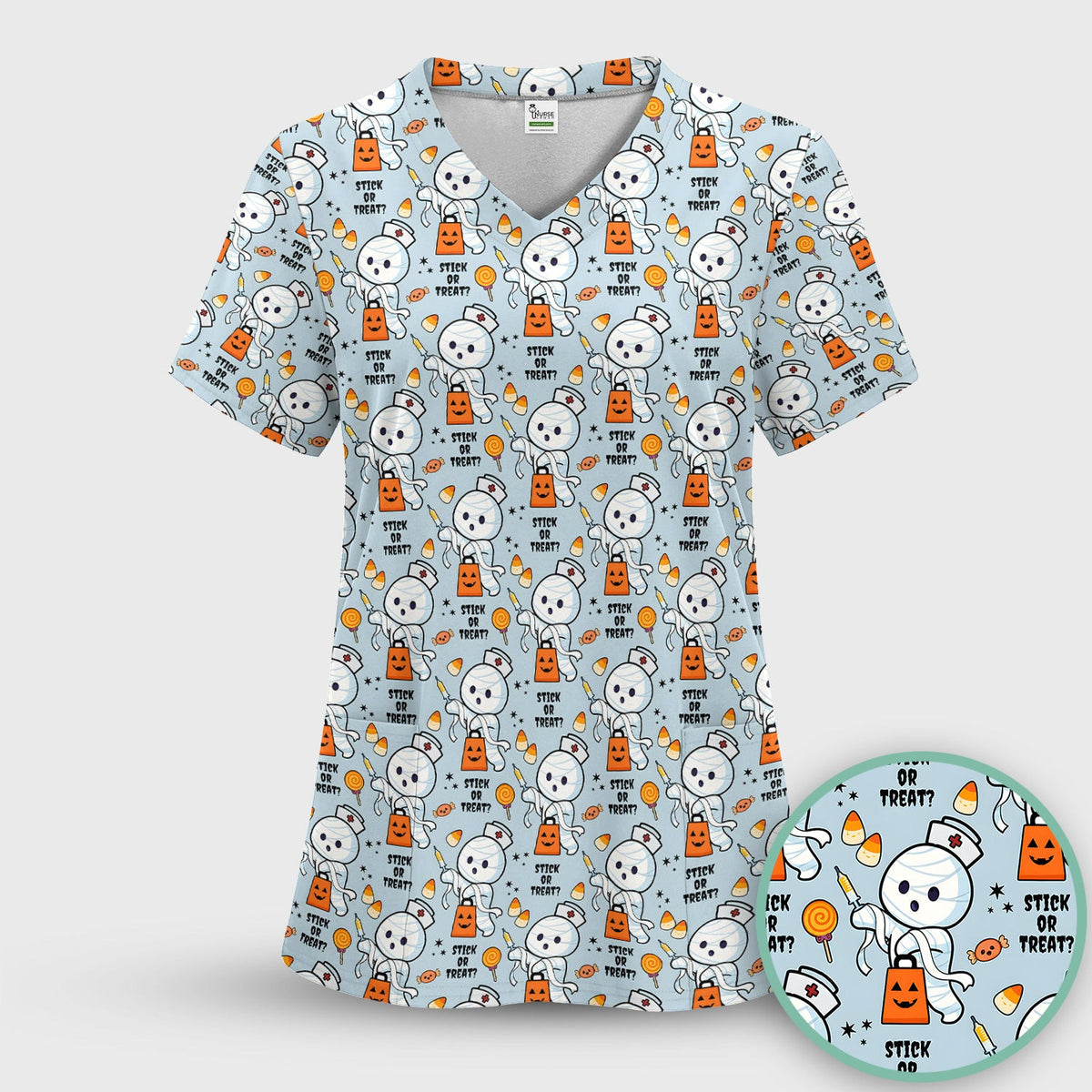 Funny Halloween Stick Or Treat Mummy Nurse Scrub Top, Comfortable Scrubs for Nurses