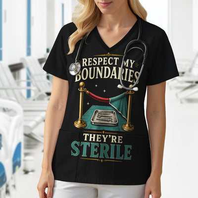 Funny Respect My Sterile Boundaries Pattern Scrub Top, Comfortable Scrubs for Nurses