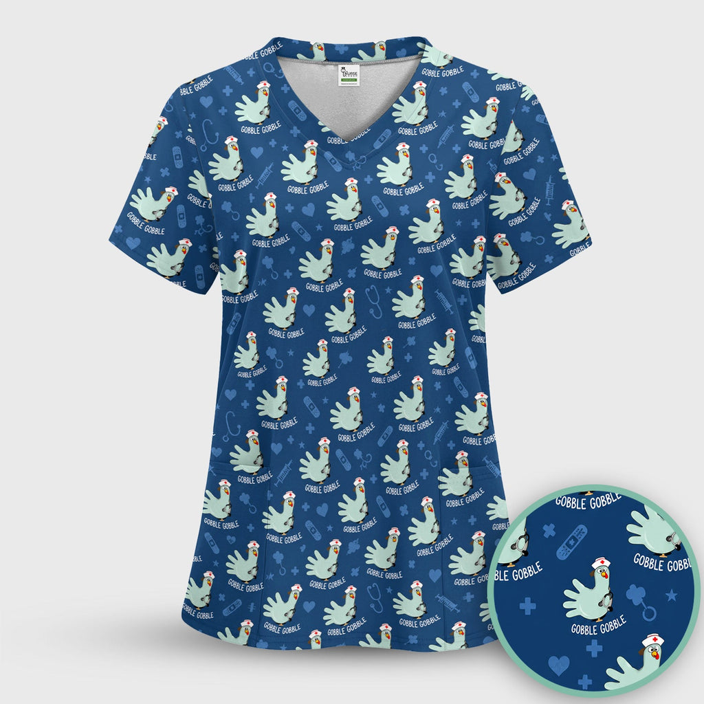 Funny Gobble Gobble Nurse Turkey Scrub Top, Comfortable Scrubs for Nurses