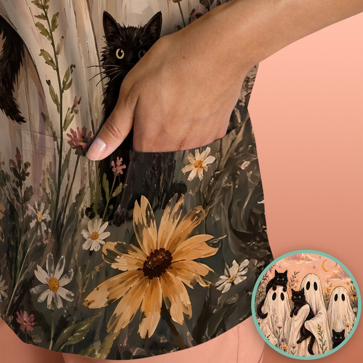 Halloween Ghosts And Black Cats Scrub Top, Comfortable Scrubs for Nurses