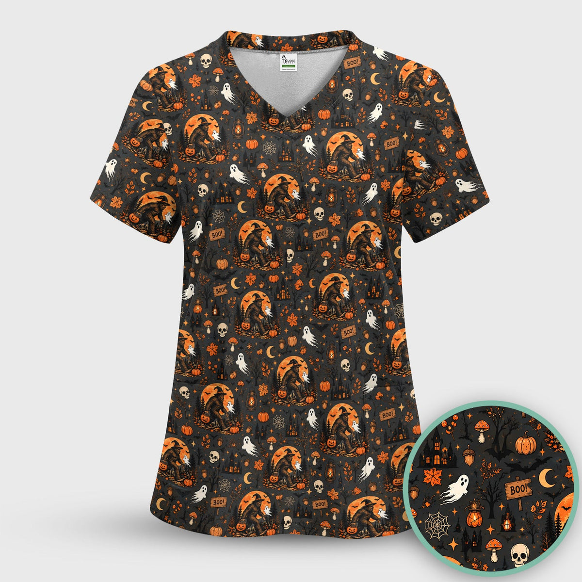 Halloween Bigfoot Ghost with Pumpkin Scrub Top, Comfortable Scrubs for Nurses