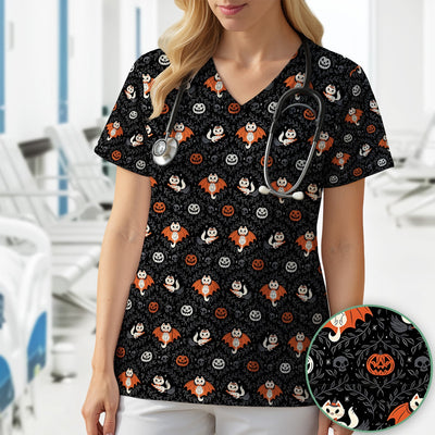 Cute Halloween Vampire Cat Pattern Scrub Top, Comfortable Scrubs for Nurses