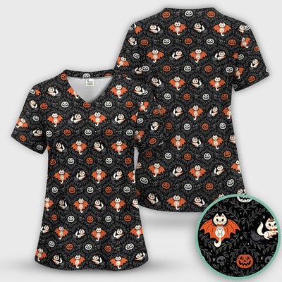 Cute Halloween Vampire Cat Pattern Scrub Top, Comfortable Scrubs for Nurses