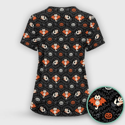 Cute Halloween Vampire Cat Pattern Scrub Top, Comfortable Scrubs for Nurses