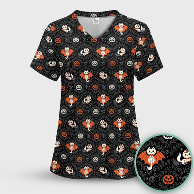 Cute Halloween Vampire Cat Pattern Scrub Top, Comfortable Scrubs for Nurses